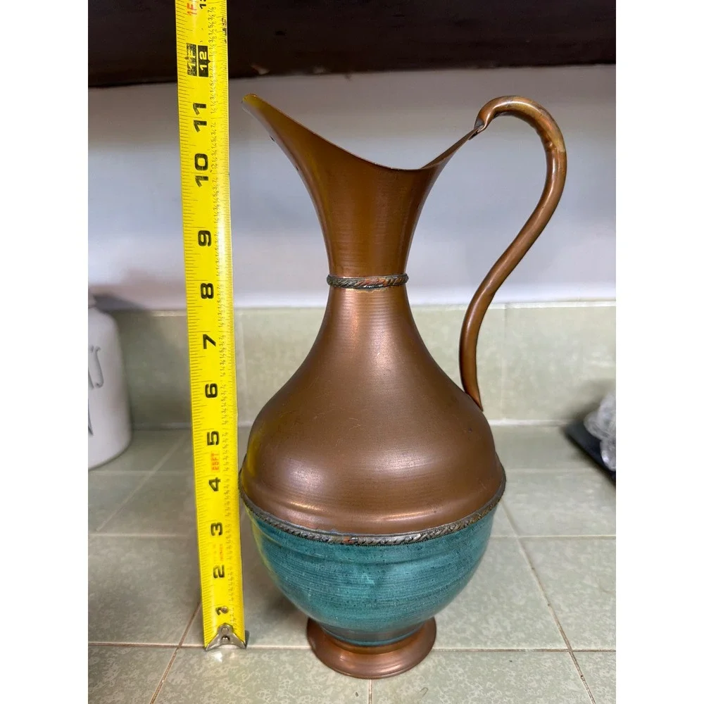 Vintage Copper Pitcher Ewer Verdigris‎ Teal Patina Decorative Vase 11.5 Inch